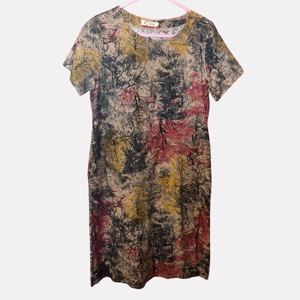 YJYL Women's Tree Print Shift Midi Dress with Pockets Dark Abstract Nature Dress